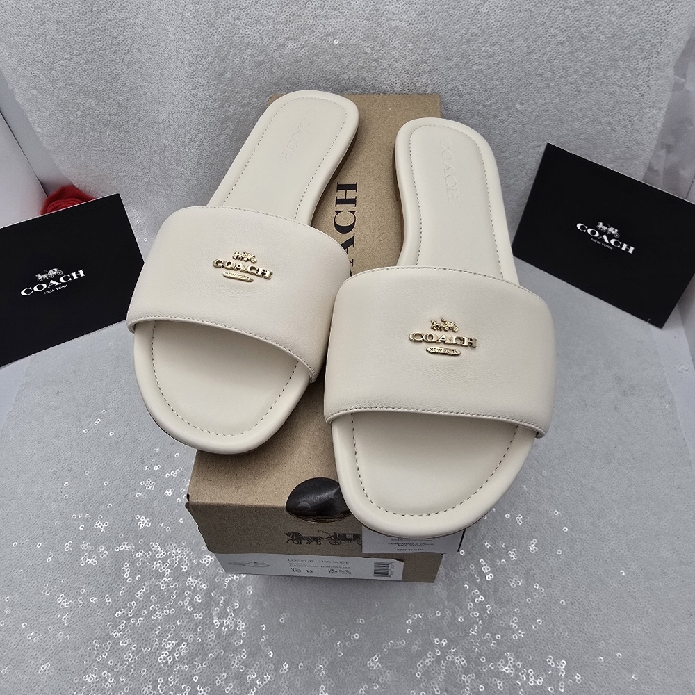Coach Leather Slide Slip-on Sandle Elegant Silhouette Women's 9.5 Color Chalk
